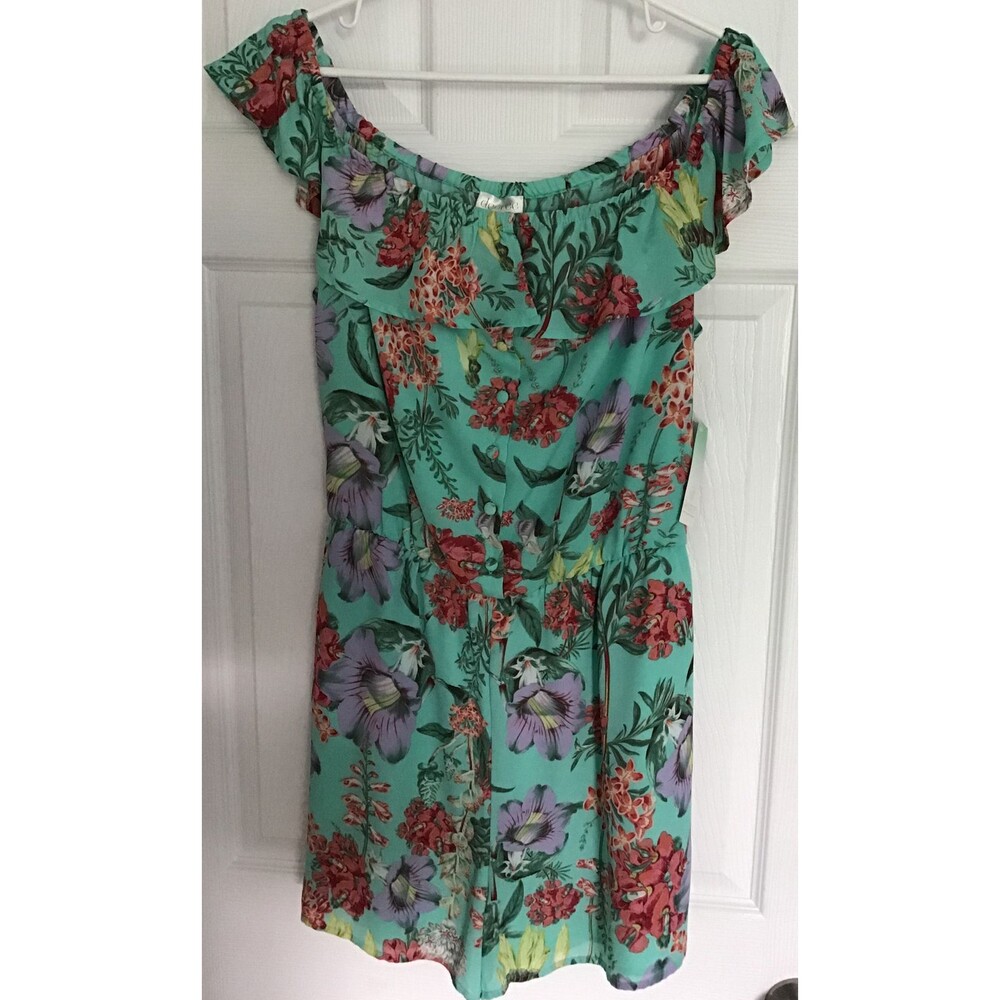 NWT Decree Women’s Junior Mint Green/Multi-color Floral Romper W/ Pockets Large
